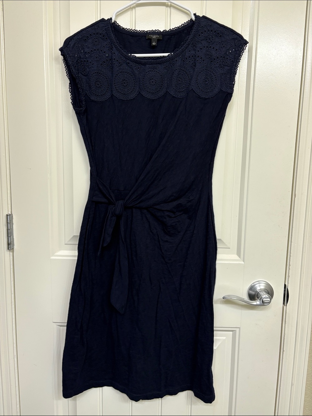 Talbots Navy Midi Dress with Eyelit Yoke and Tie Waist